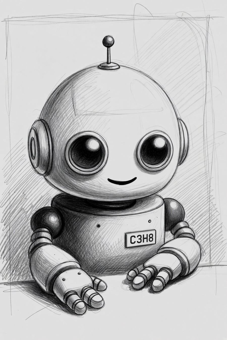 Pencil sketch of C3H8, a small friendly robot.